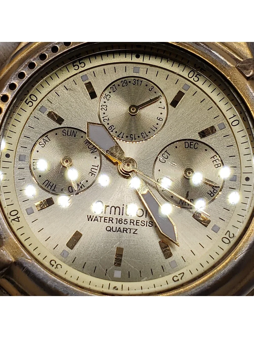Armitron Multifunction Watch Men 37mm Gold Tone Rotating Bezel New Battery